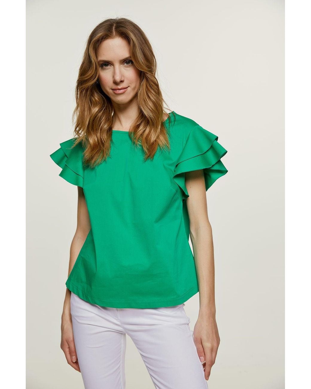 Conquista Green Sleeveless Frill Detail Cotton Poplin Top