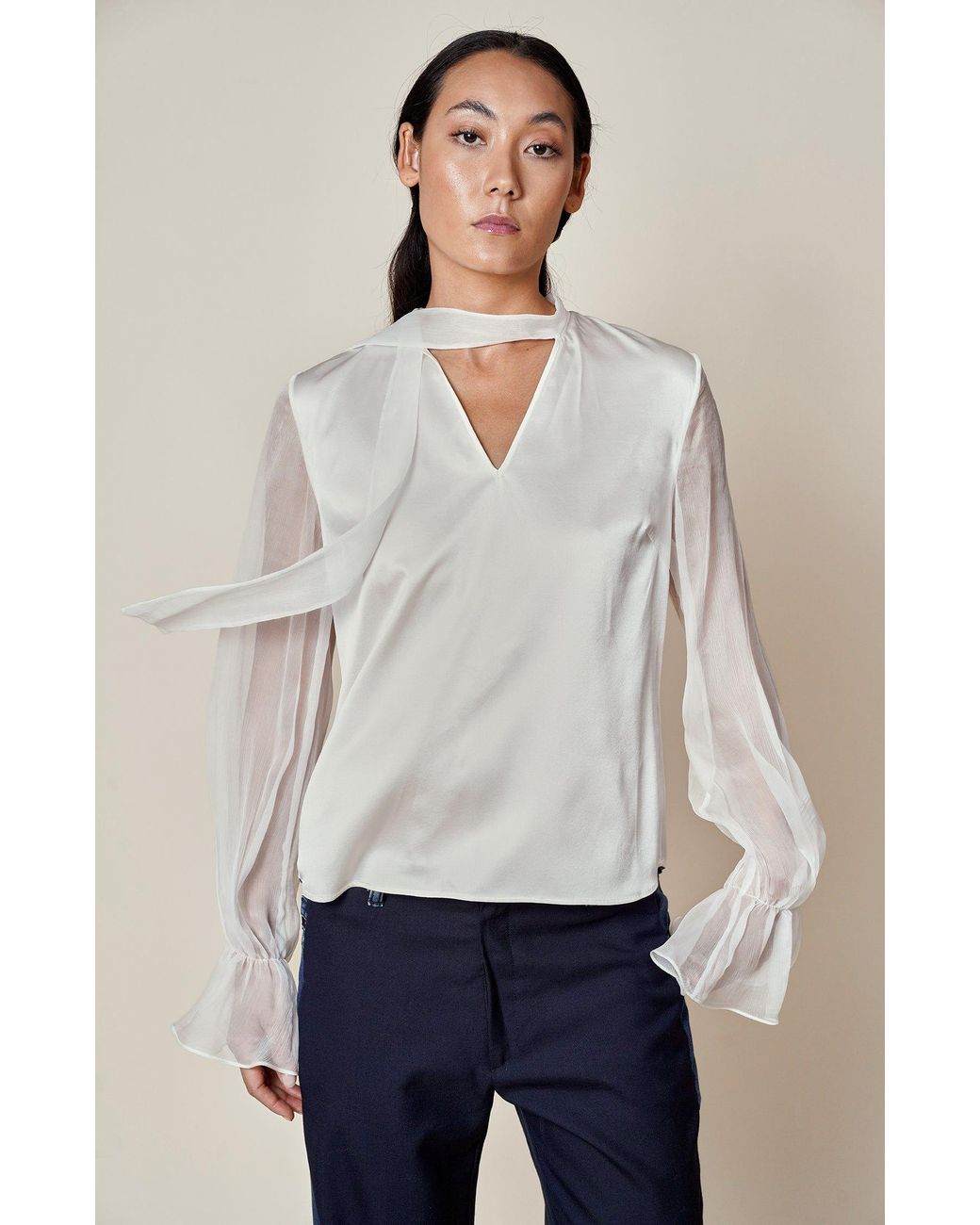 Gunda Hafner Ltd White Cream Silk Blouse With Sheer Sleeve