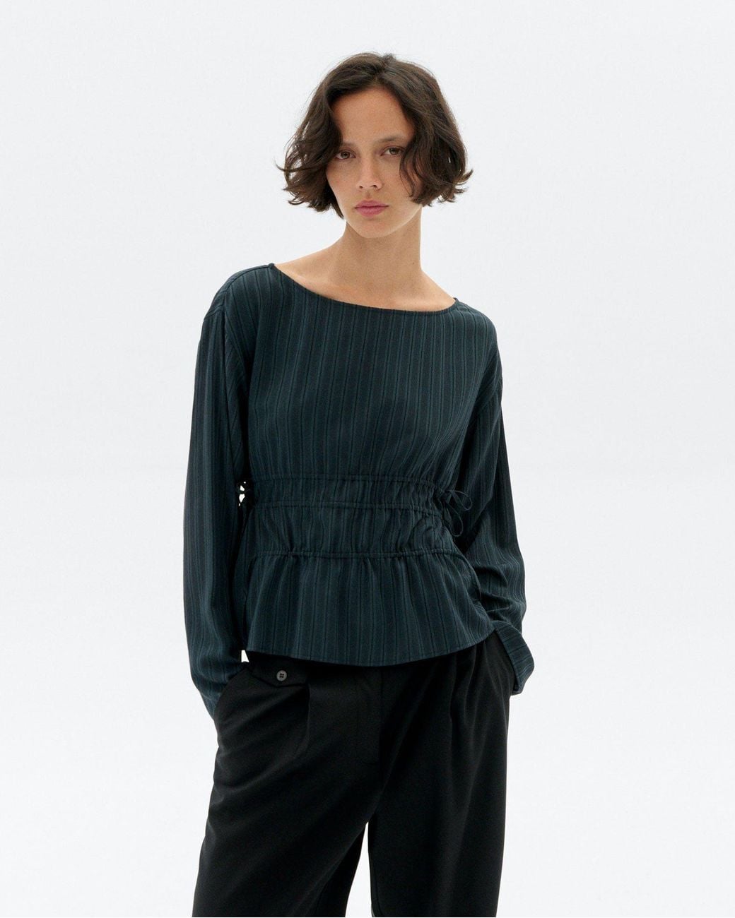 Thinking Mu Blue Striped Ruffled Ecovero Devin Blouse