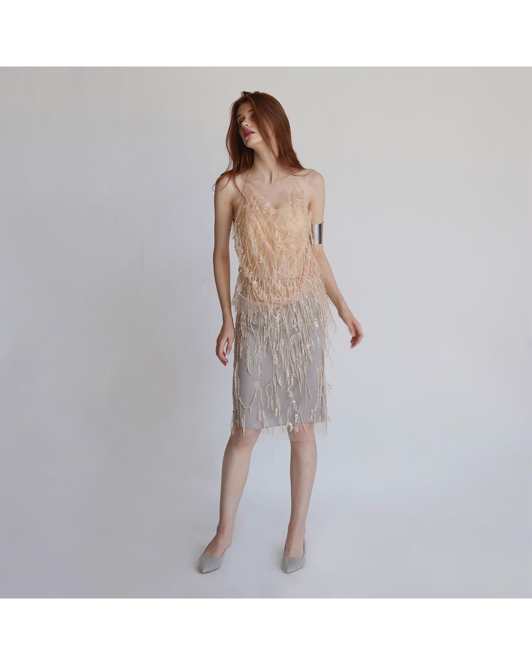 Belsize25 Gray Rose Neutrals Mayfair Series – Beaded Tassel Mesh Skirt