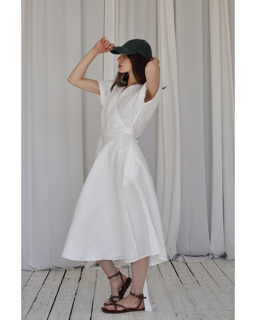Idyllo White Linen Boho Wrapdress