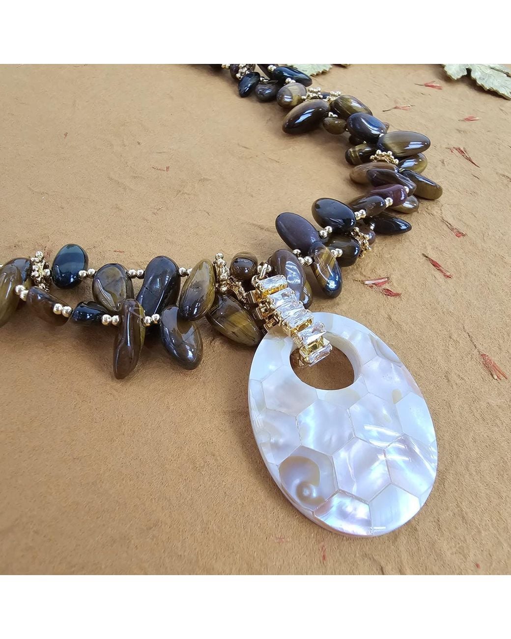 Farra Metallic Classical Tigereye With Shell Pendant Necklace