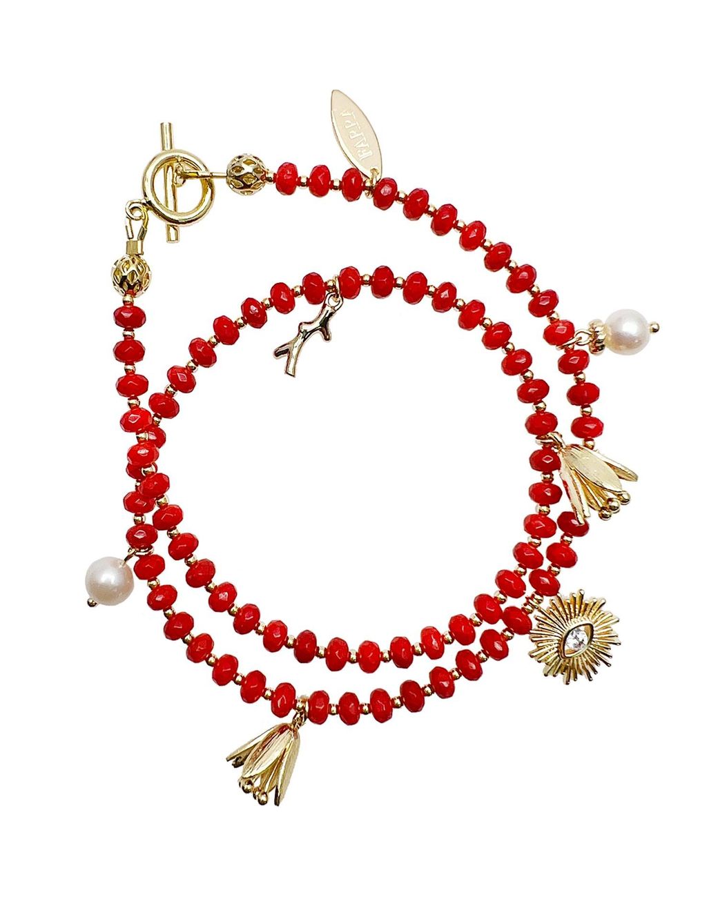 Farra Red Double Layer Coral With Evil Eye Charm Multi-Way Bracelet