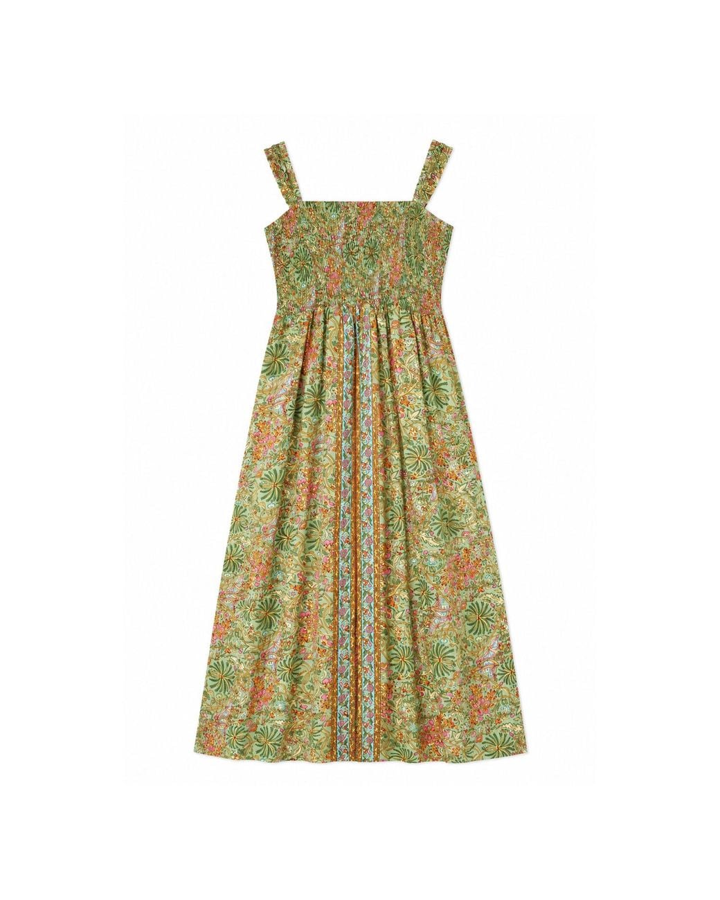 Yumi' Green Foil Palm Print Ruched Maxi Dress With Border Detail