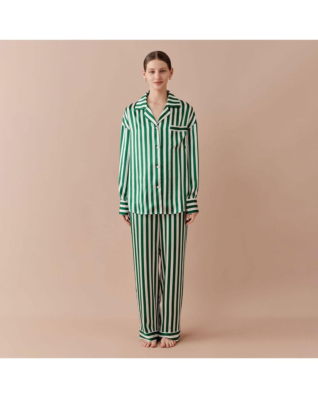 Silkinc Green Classic Wide Stripe Long Pajama Set