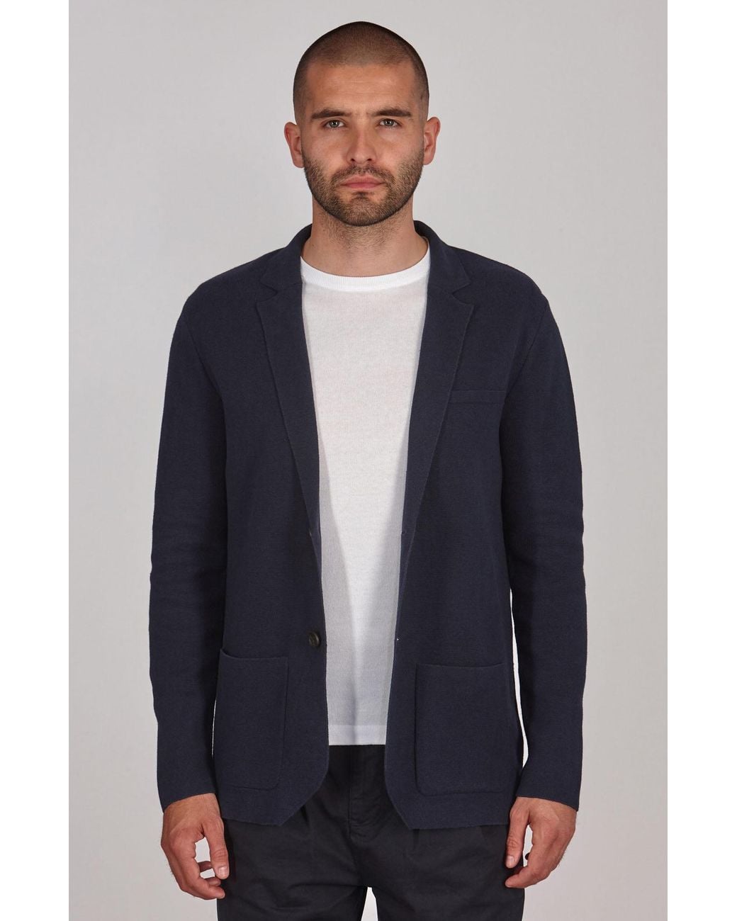 Paul James Knitwear Blue Lightweight Organic Cotton Linen Luca Knitted Blazer for men
