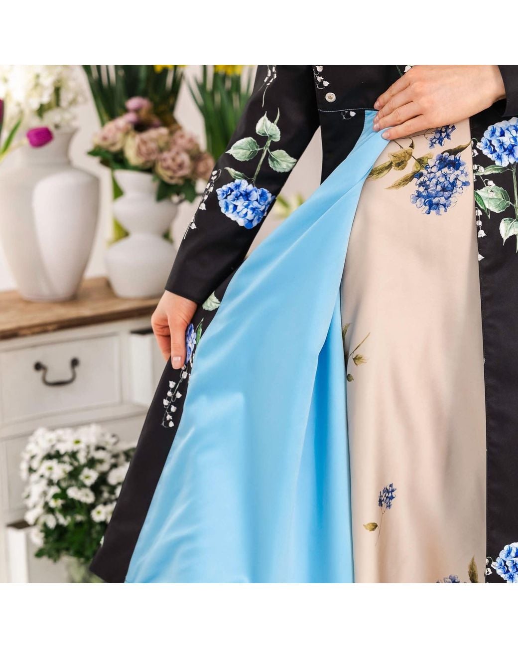 RainSisters Black Floral Trench Coat: Flower Moon