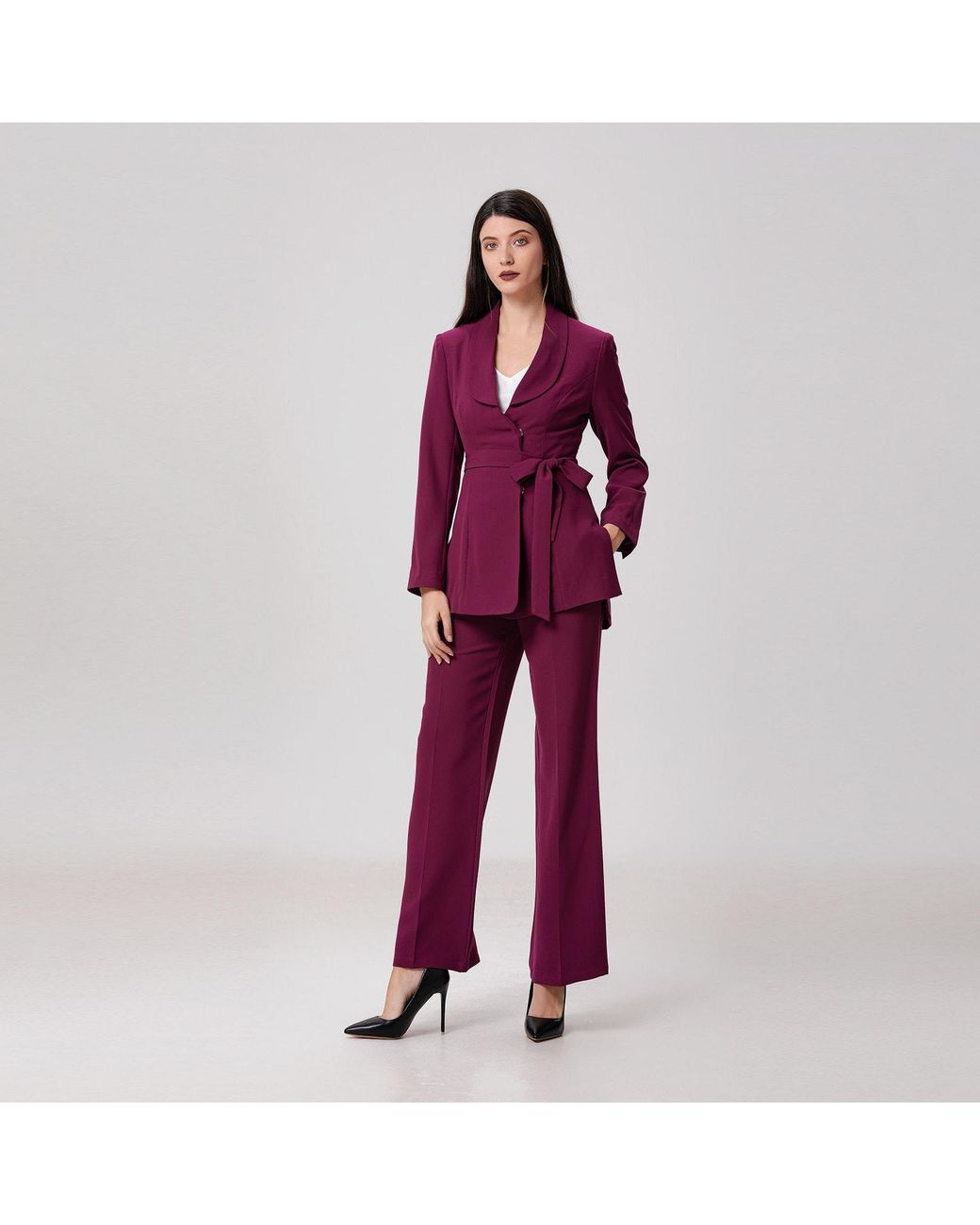 Smart and Joy Purple Long Tailor Knot On Waist Blazer
