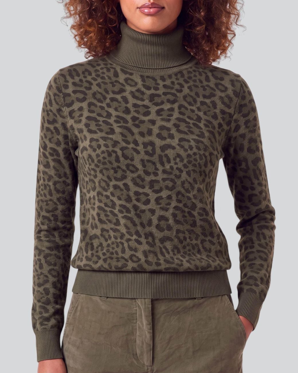 Lords of Harlech Green Rona Leopard Sage Merino Silk Cashmere Turtleneck