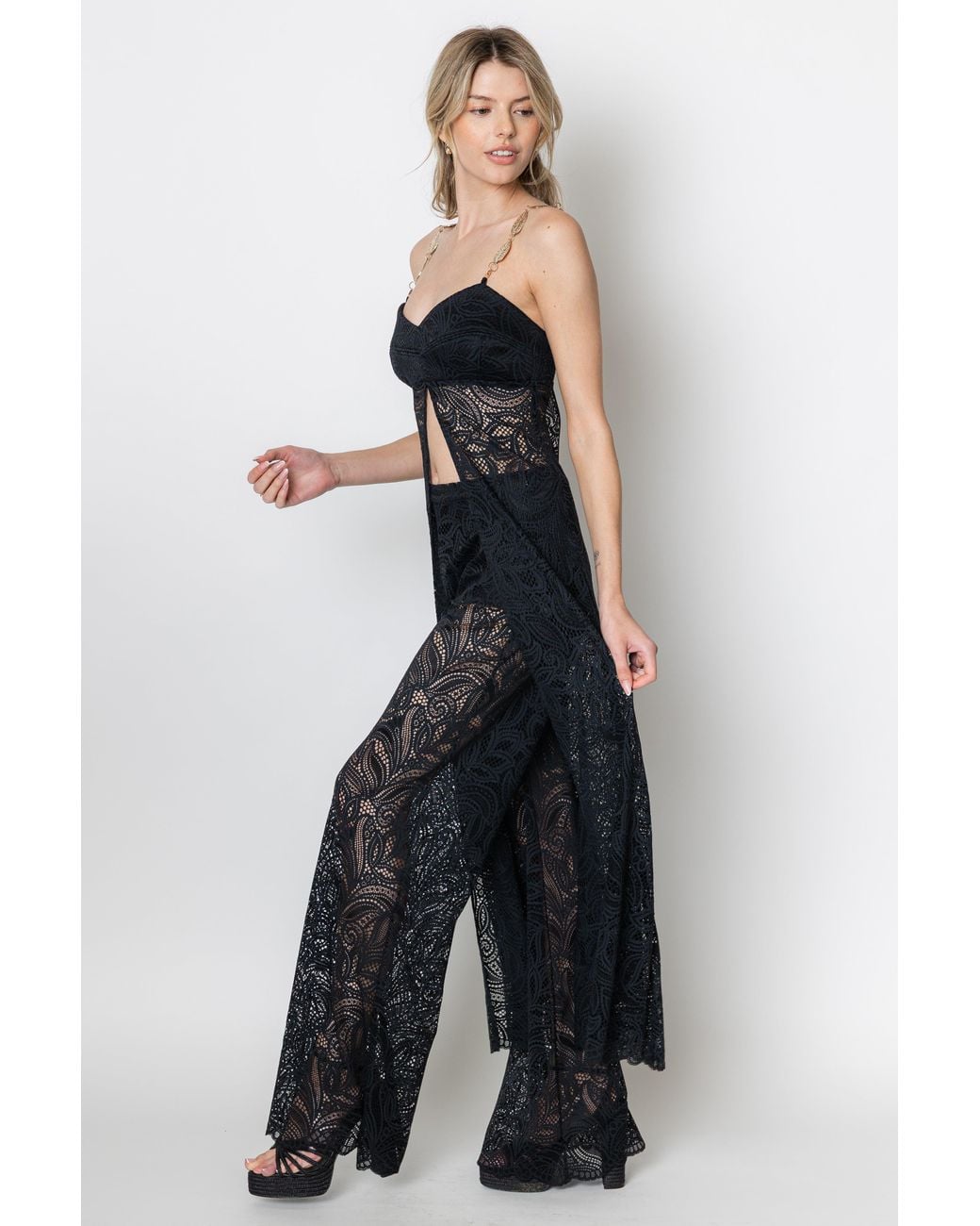 Zetaye Black Lyric Lace Long Line Chain Top