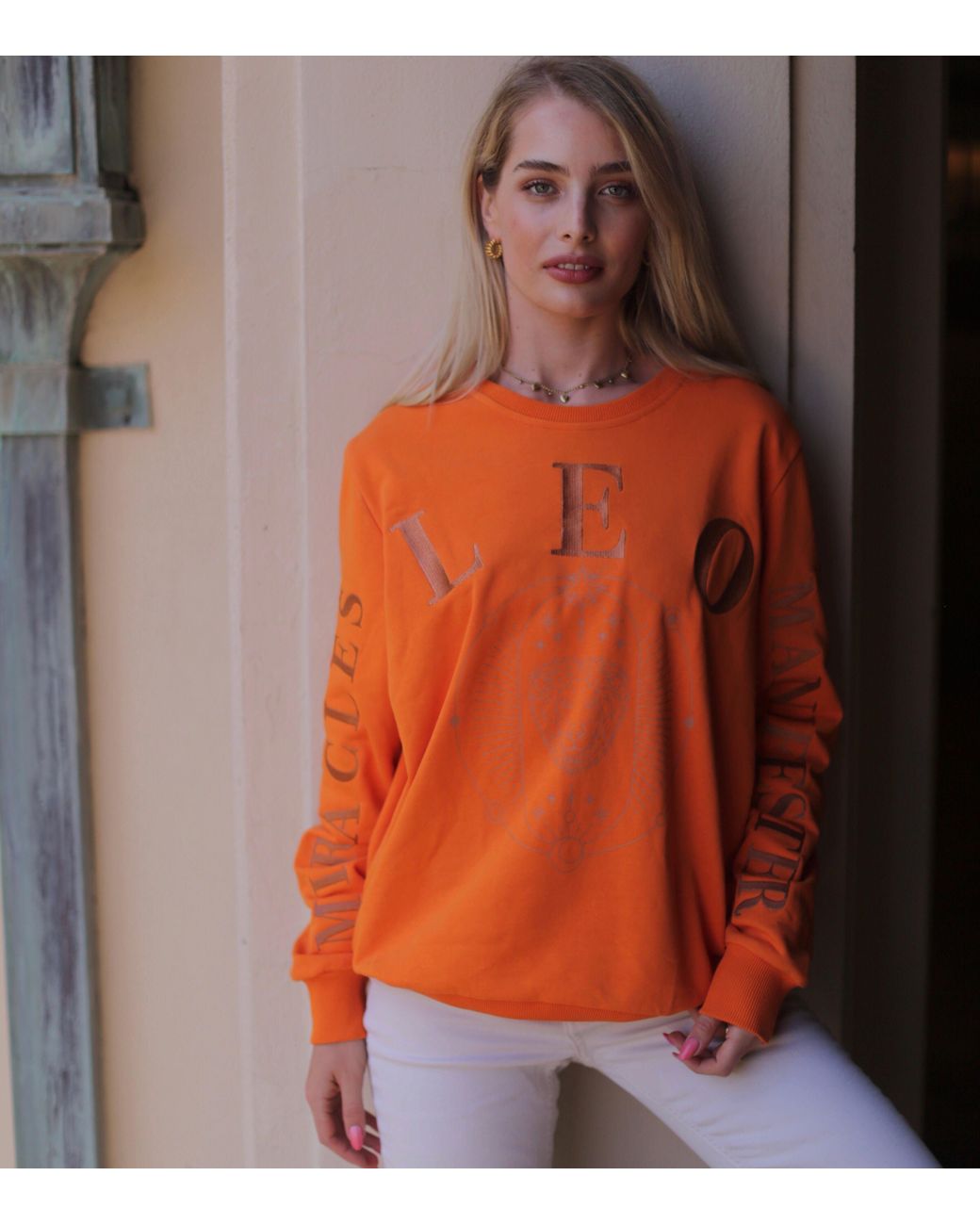 Miracles Manifester Orange Oversized Embroidered Leo Sign Sweatshirt