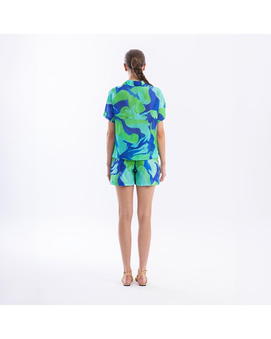 Haris Cotton Green Short Sleeved Printed Linen Blend Shirt Lagoon