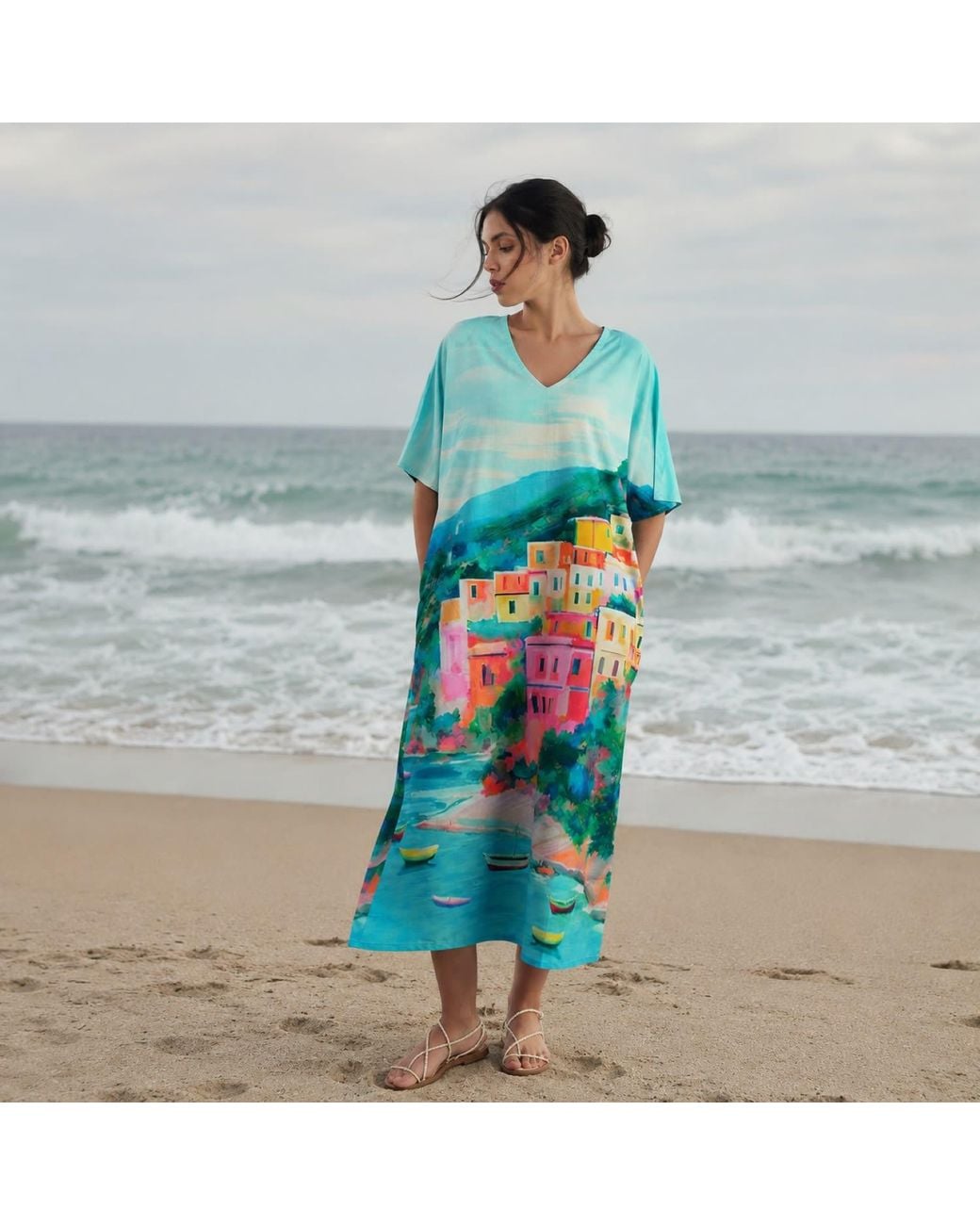 DHARA SHETH DUBAI Blue La Dolce Riviera Mediterraneanvintage Look Long Cotton Kaftan Dress With Pockets