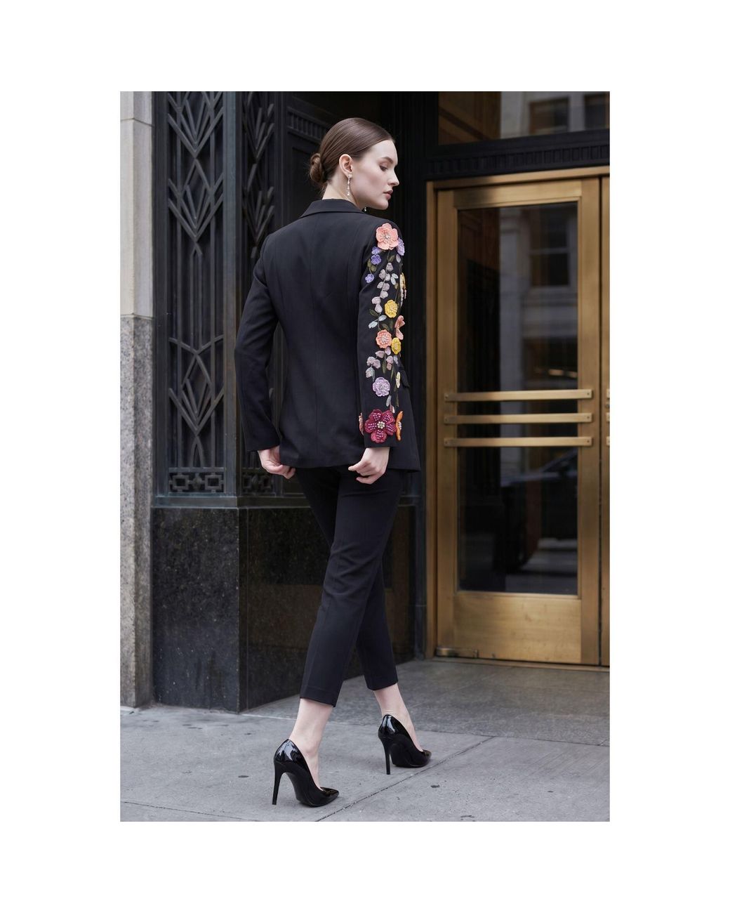Modenaire Blue Asymmetric Floral Appliqué Blazer