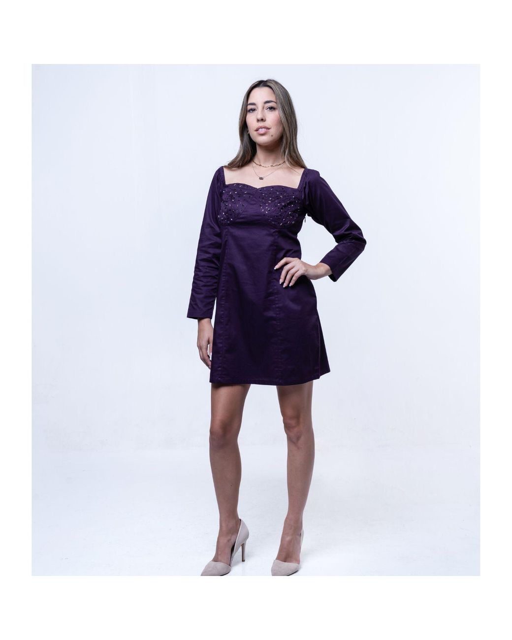 House of Gl Purple Amethyst Beaded Cotton Mini Dress With Sweetheart Neckline