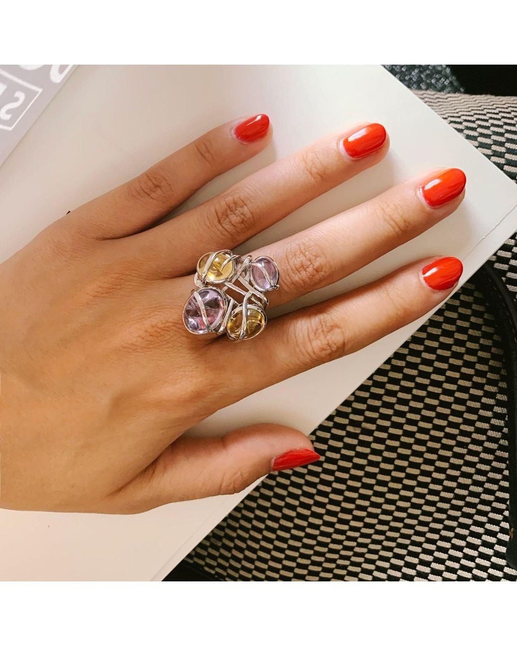Bellus Domina Pink Plated Amethyst And Rose Quartz Cocktail Ring