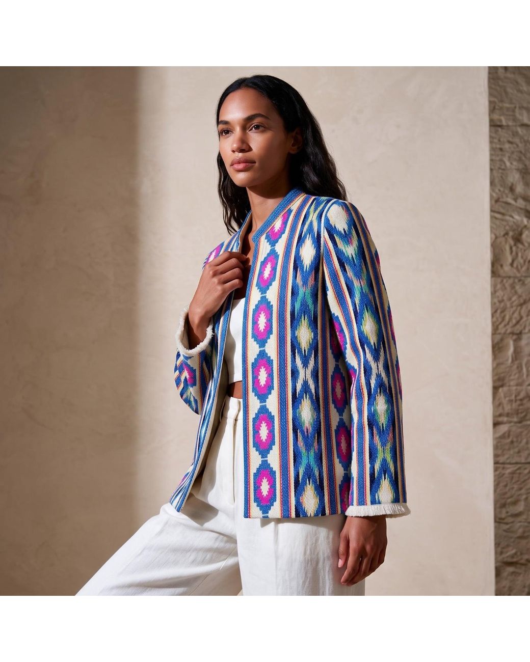 Kipépéo Blue Sorayya Jajim Fringe-Cuff Short Jacket