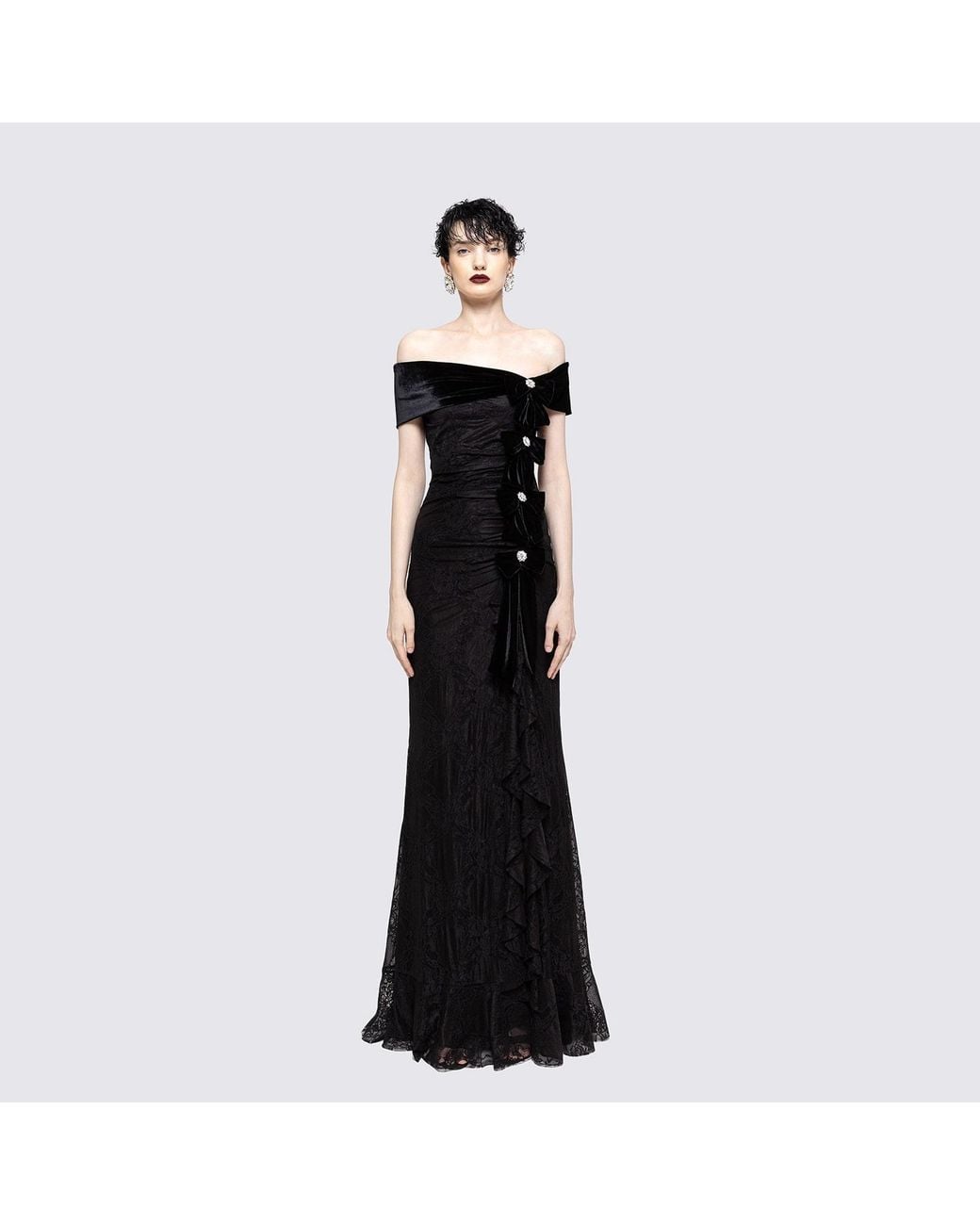 Nissa Black Bow-Detail Lace Maxi Dress