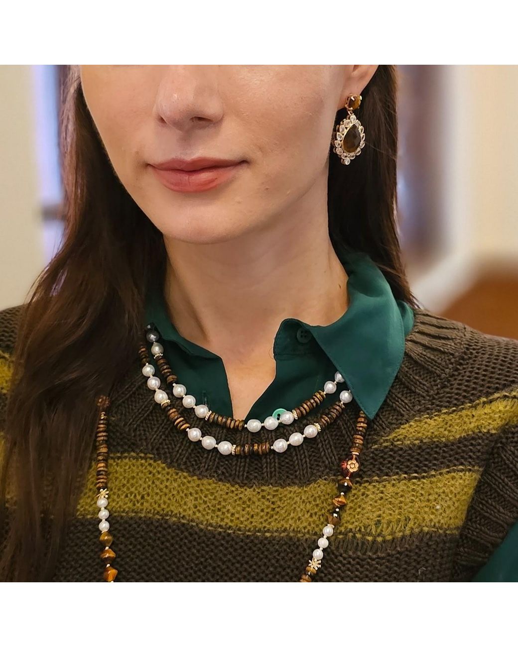 Farra Metallic Tiger Eye Stone With Zircon Statement Earrings