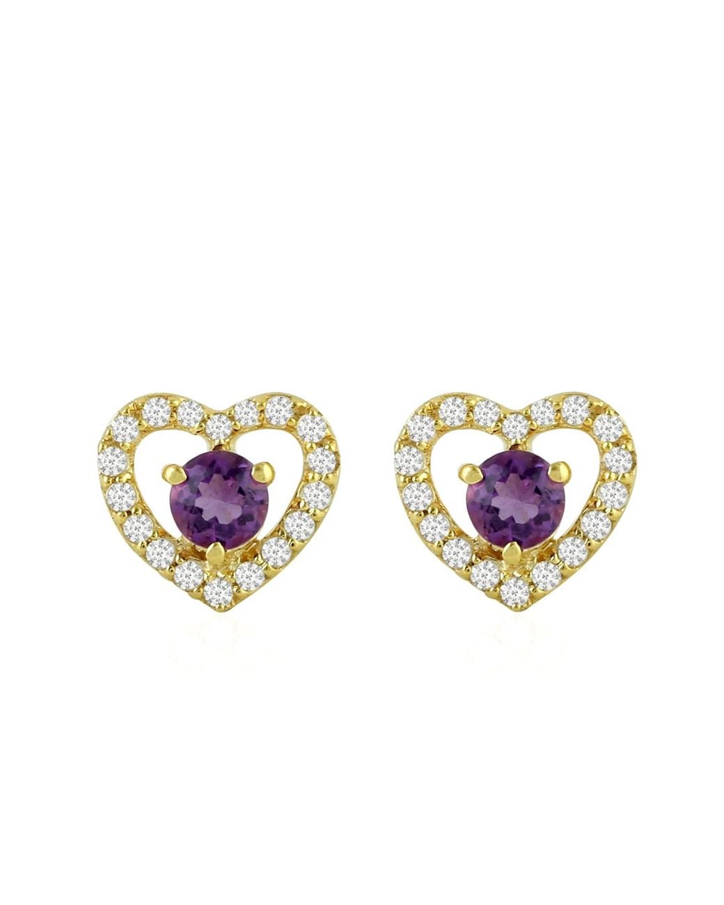 Artisan Metallic Yellow Gold Heart Stud Earrings Amethyst Topaz Gemstone