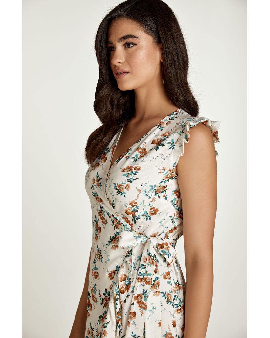 Conquista White Neutrals Ecru Floral Wrap Dress