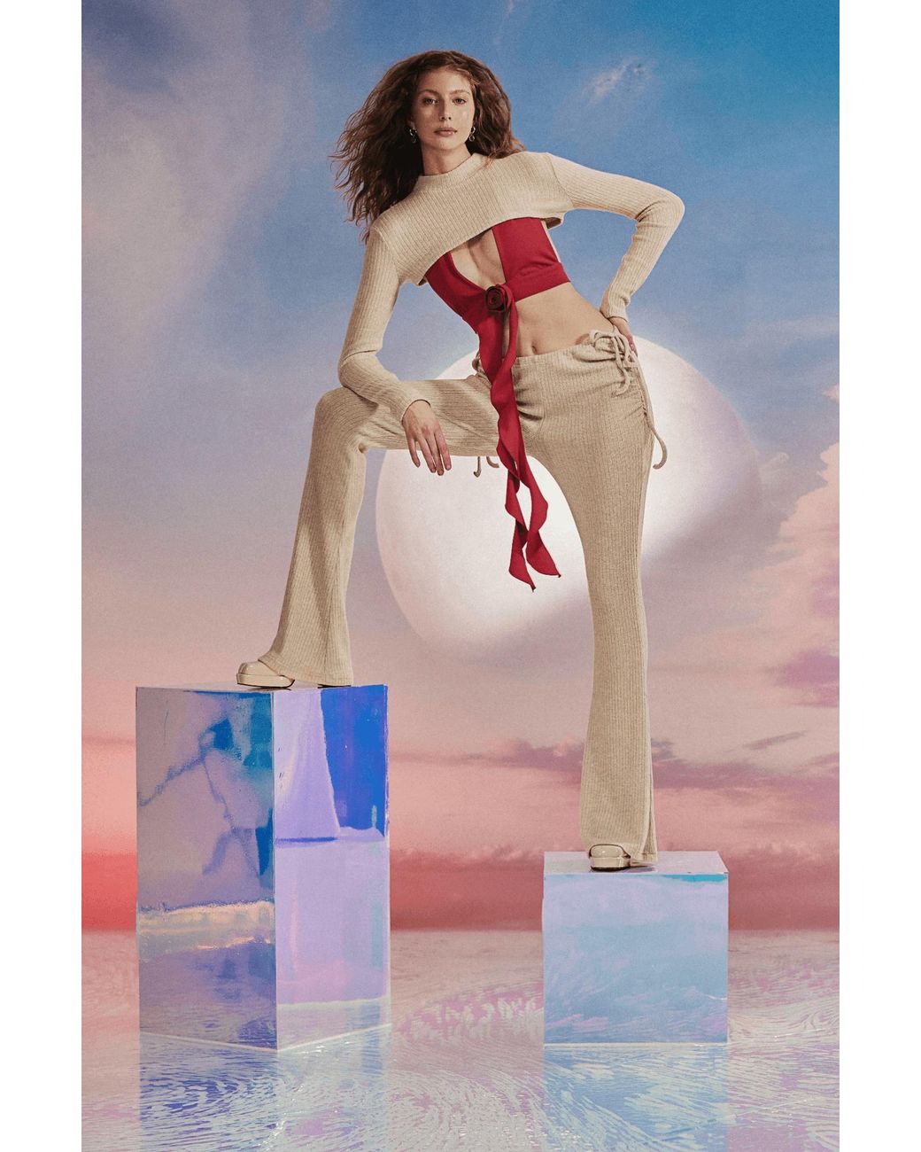 No'design Natural Neutrals Flared Pants With Side Ruched Detail