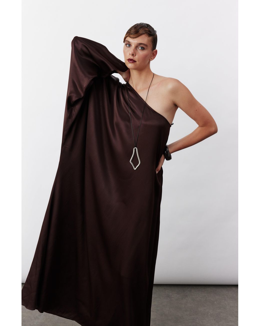 NAZLI CEREN Brown Venus One-Shoulder Maxi Dress