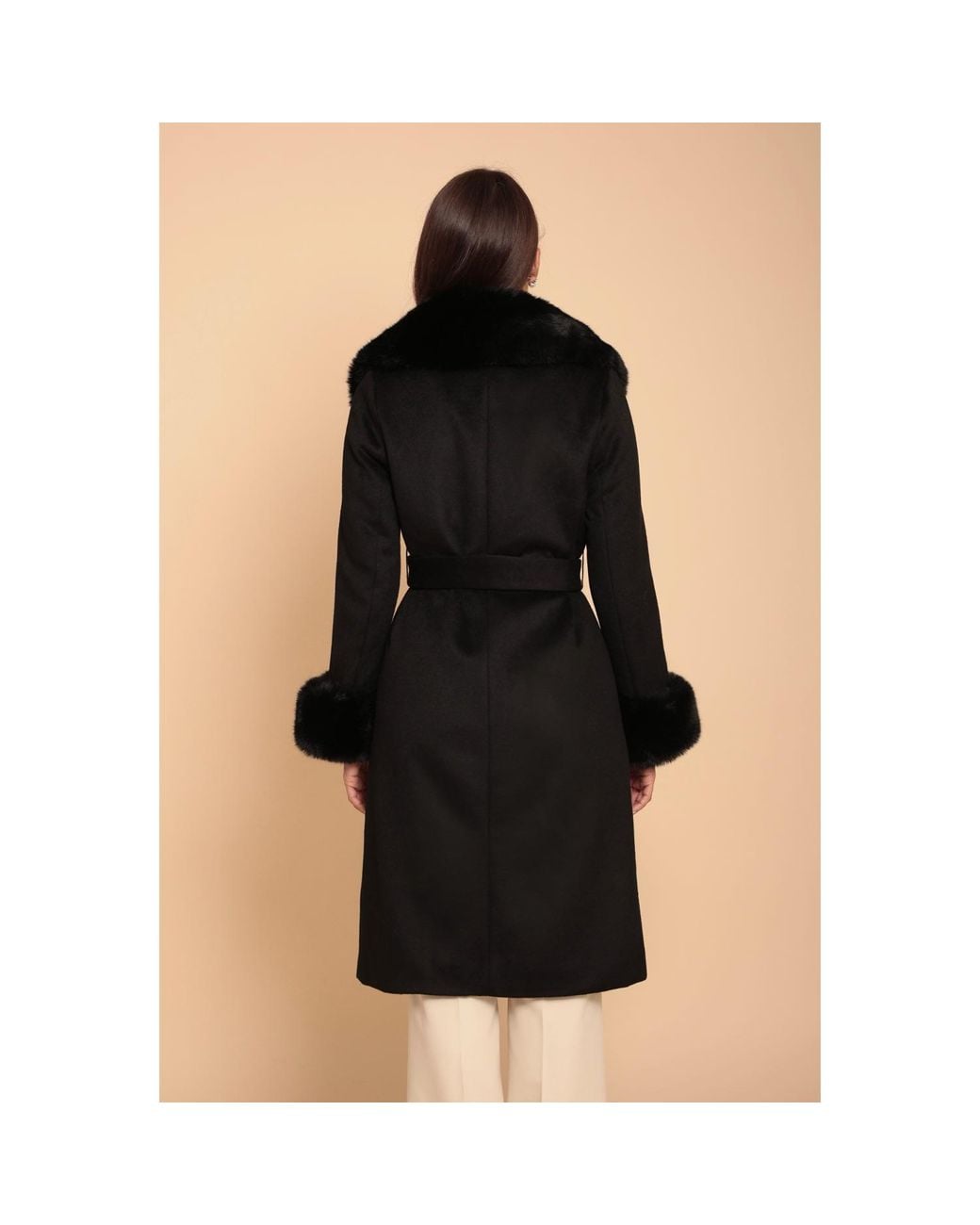 Santinni Black Marlene Cashmere & Wool Coat With Faux Fur