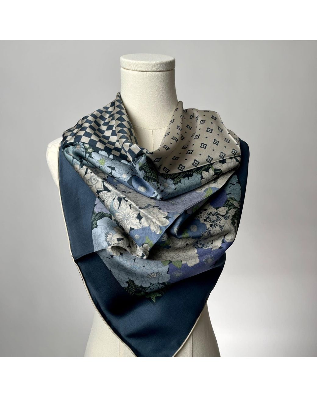 Wenzi Gray Patchwork Of Dreams Hand Painted Pattern Double Sided Silk Twill Scarf