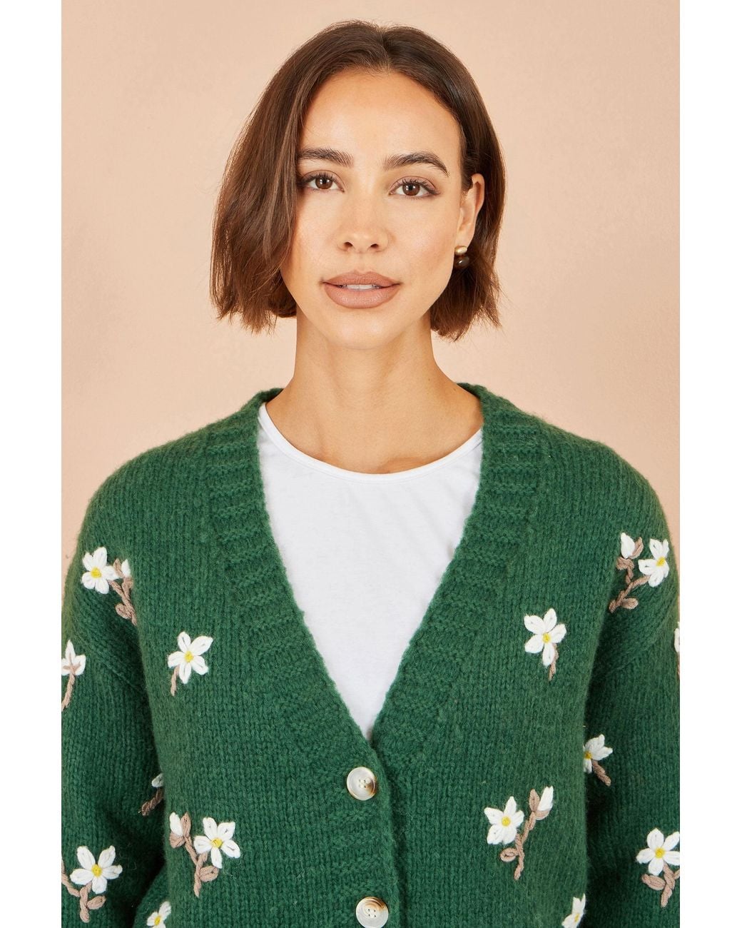 Yumi' Green Hand Embroidered Chunky Knitted Cardigan