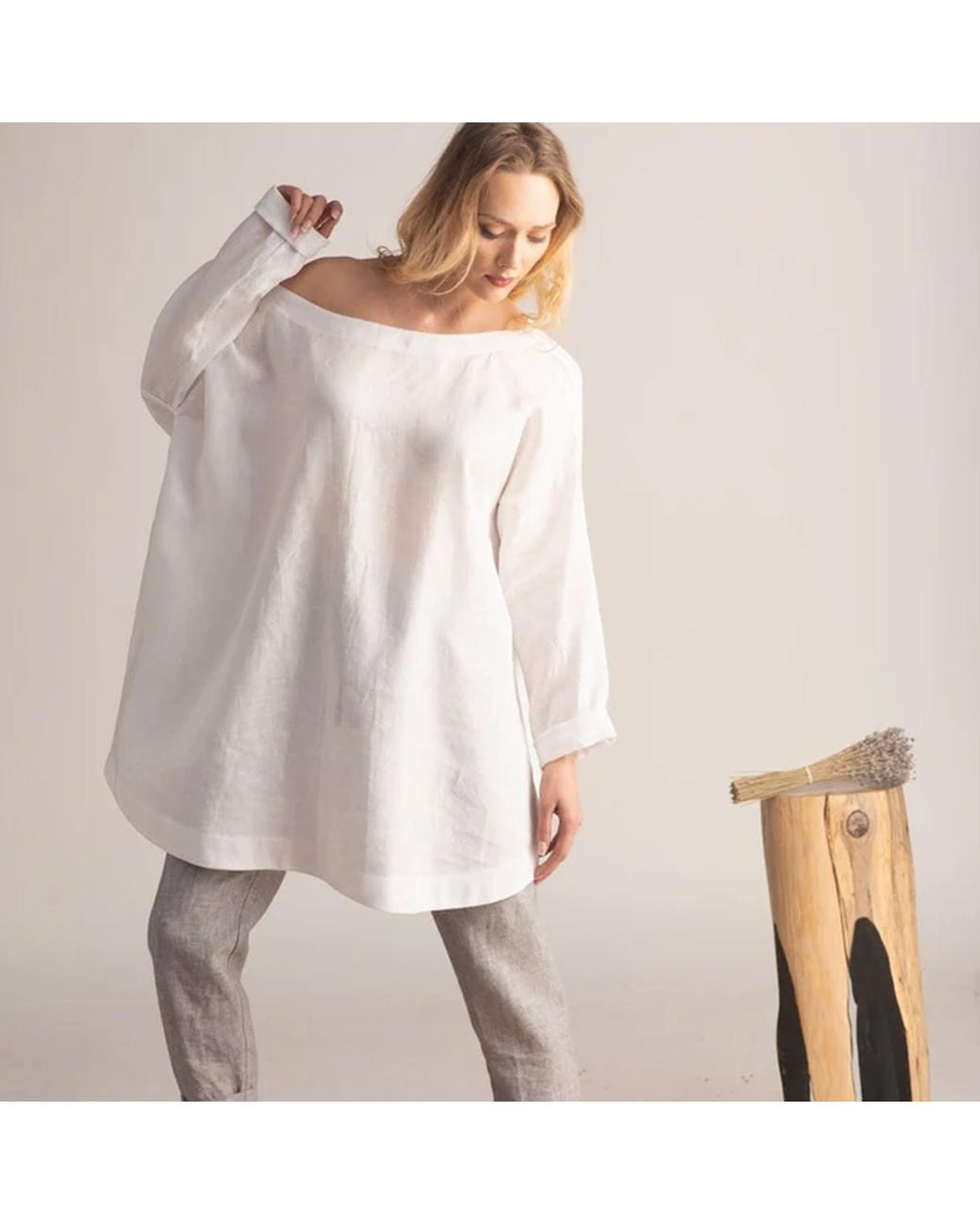 Nikka Place White Linen Summer Tunic With Off Shoulder And Long Sleeves