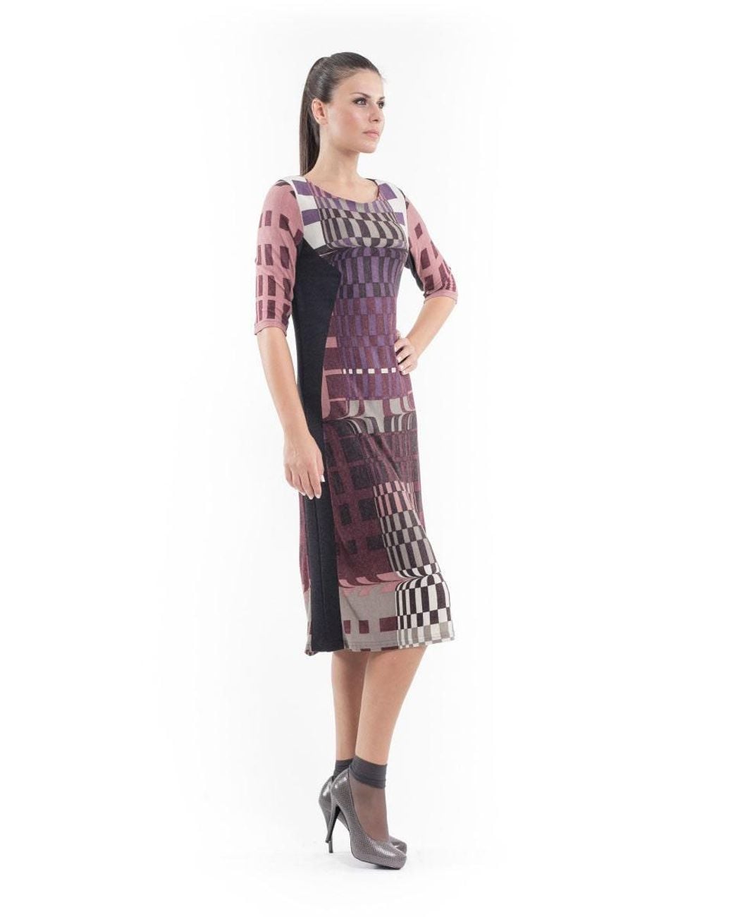 Conquista Purple Geometric Pattern Sweater Dress