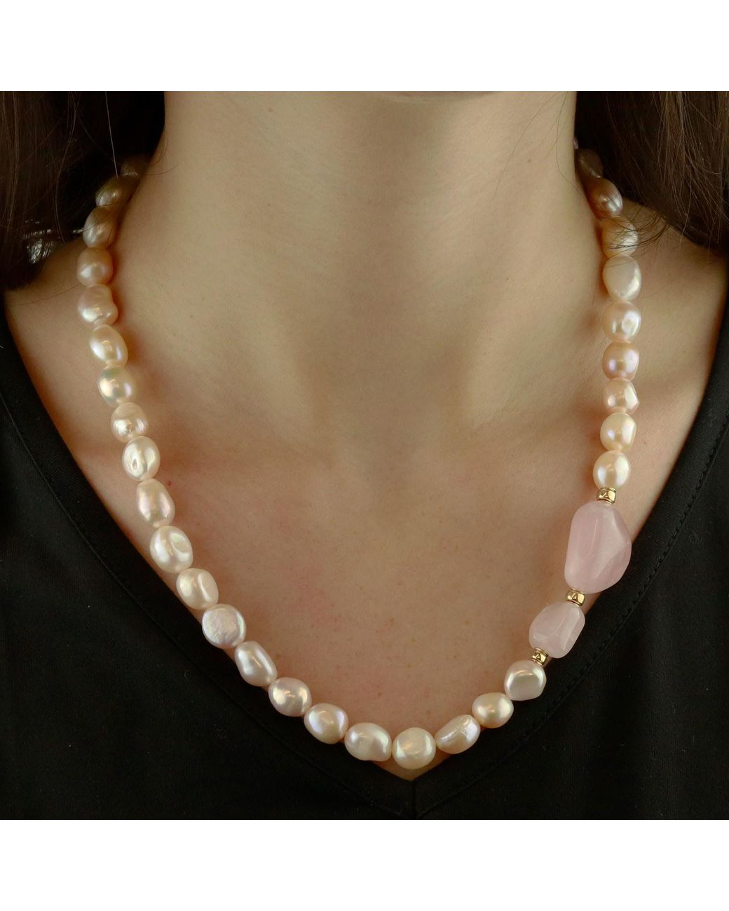 MOUNIR LONDON Metallic Pearl Rose Quartz Necklace Statement Necklace