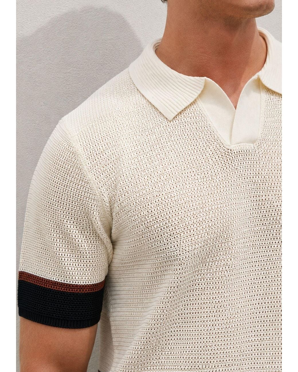 Vayla White Neutrals V-Neck Open Collar Knitted Shirt for men