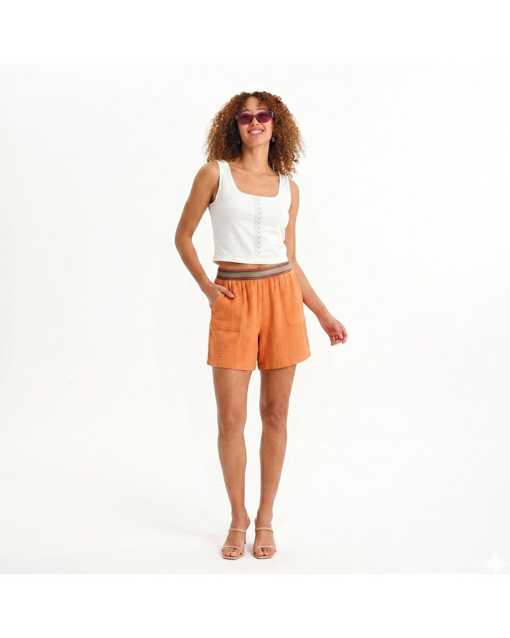 Lalipop Design Orange Terracotta Muslin Textured Waistband Relaxed Shorts