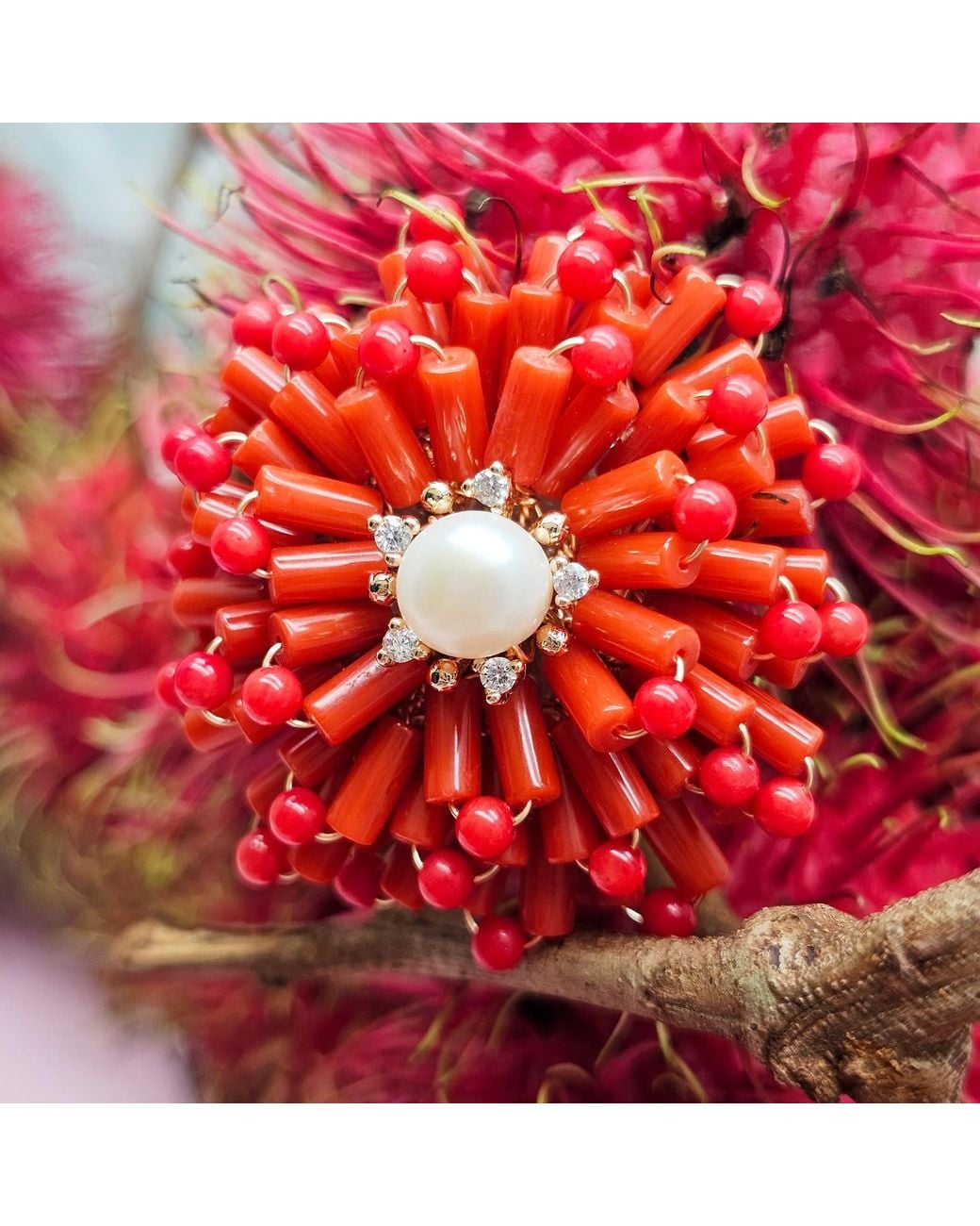 Farra Red Flower Handcrafted Bamboo Coral Brooch