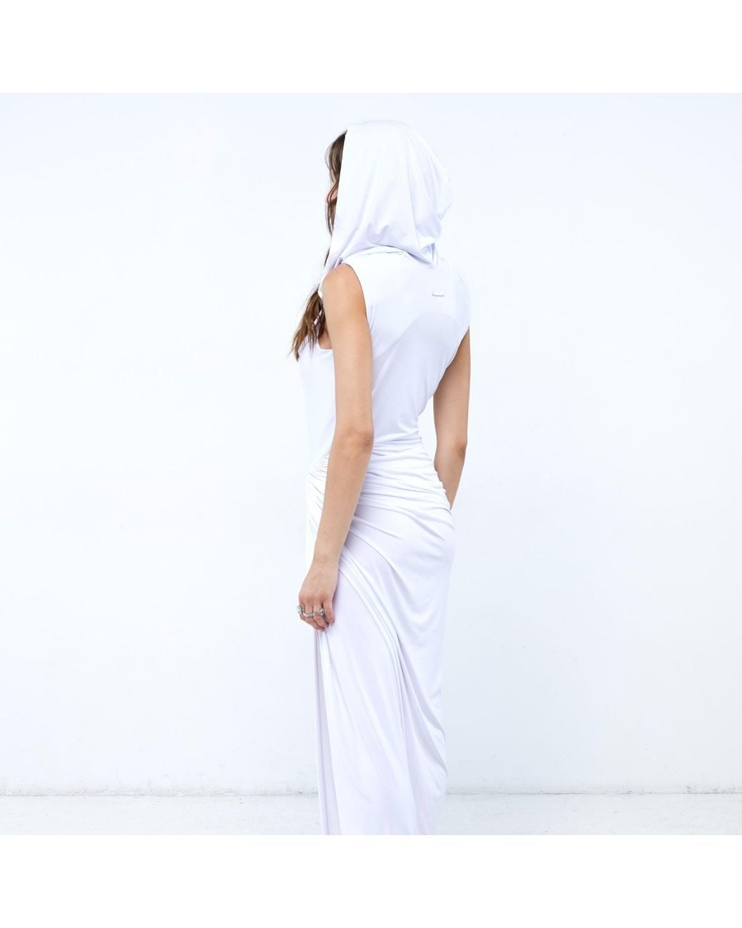 Brenda Agradi White Sleeveless Hooded Long Evening Dress