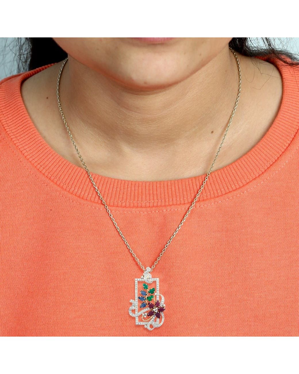 Artisan Blue Carved Emerald, Sapphire & Ruby Floral Pendant With Diamonds