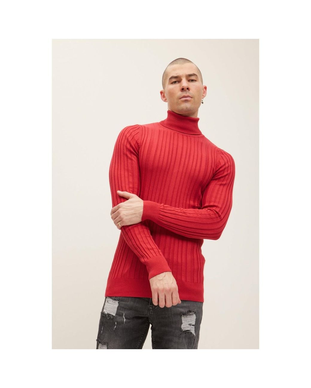 Ron Tomson Red Roll Neck Ribbed Sweater for men