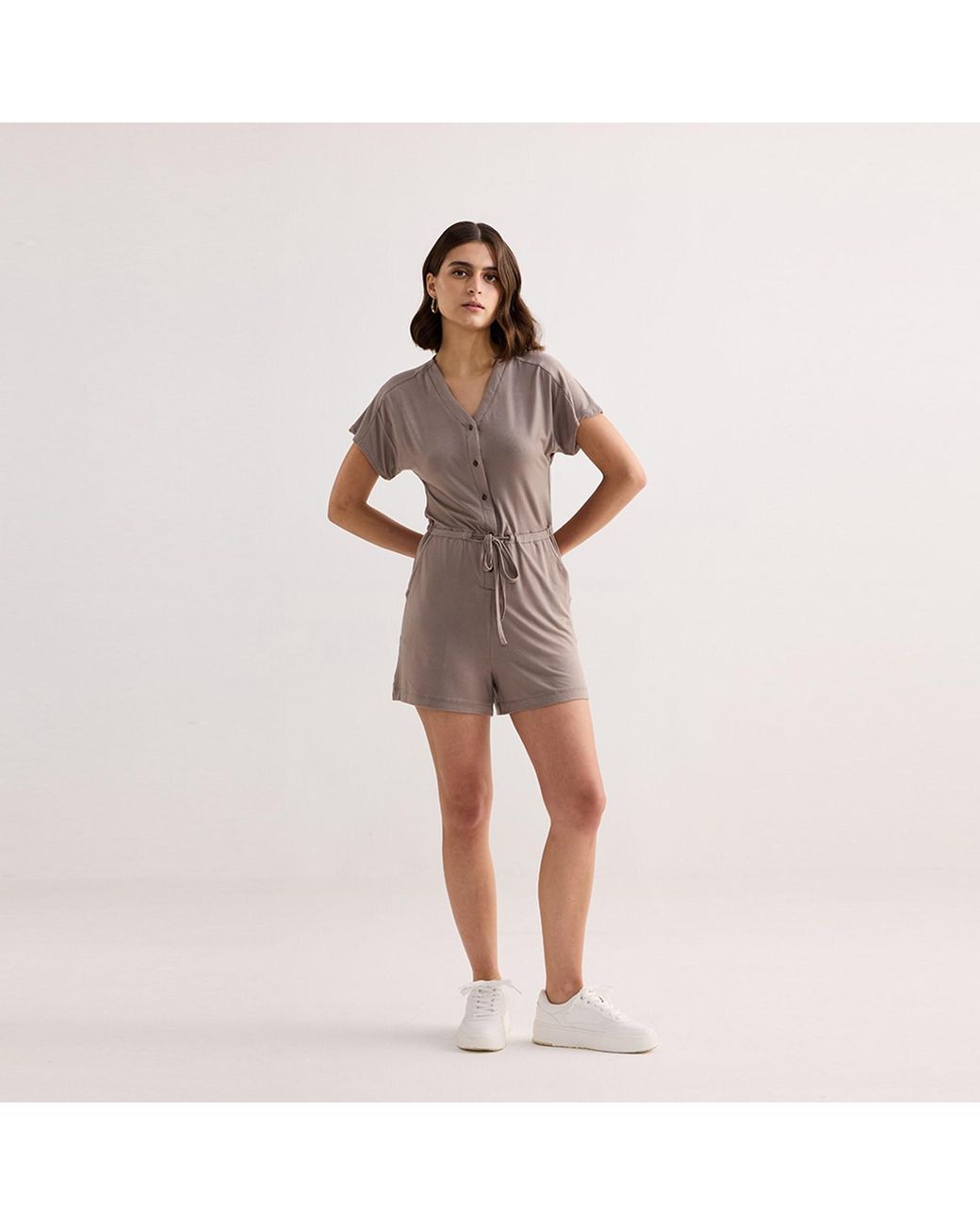REISTOR Brown V Neck Drawstring Knit Romper