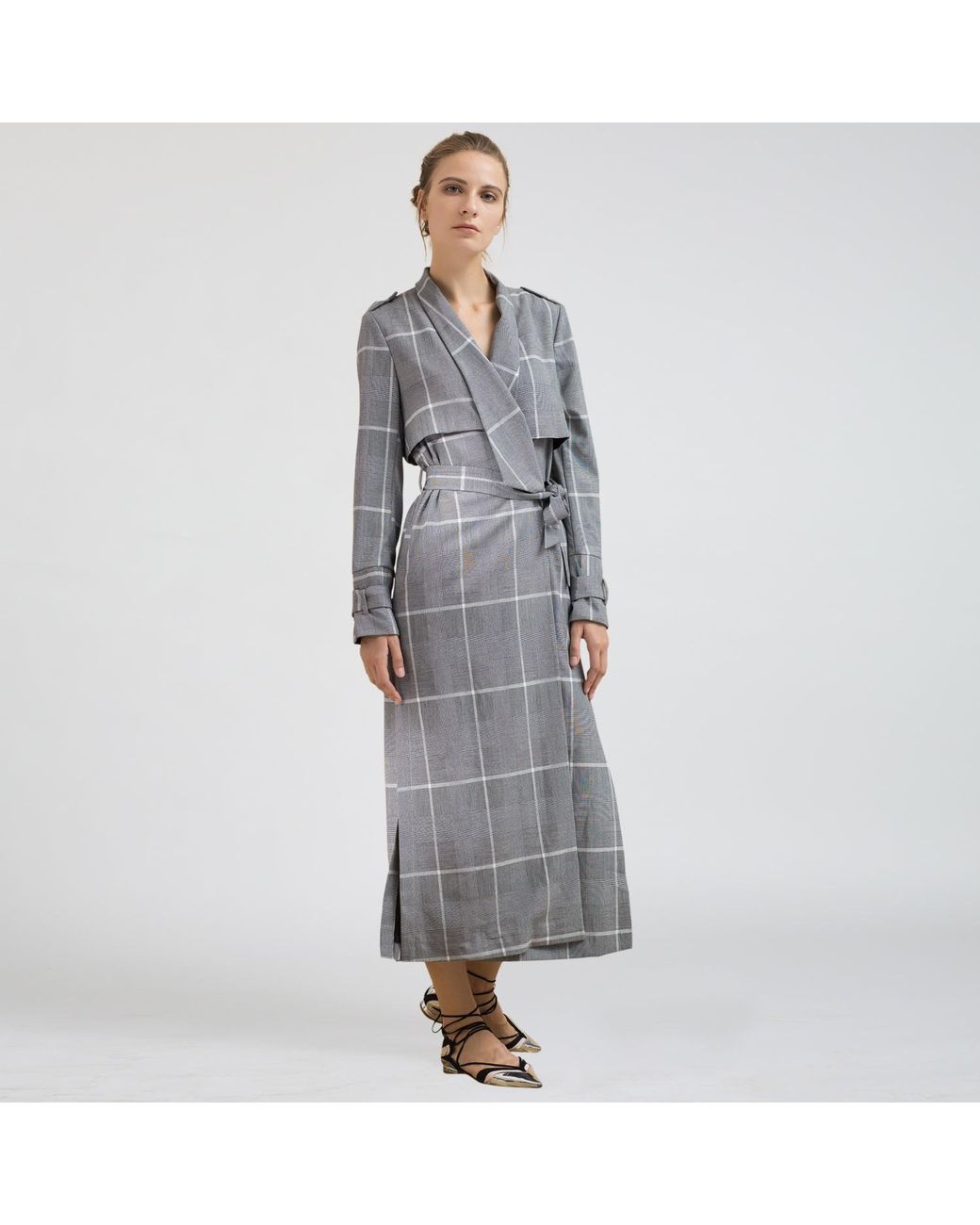 Smart and Joy Gray Long Tartan Coat