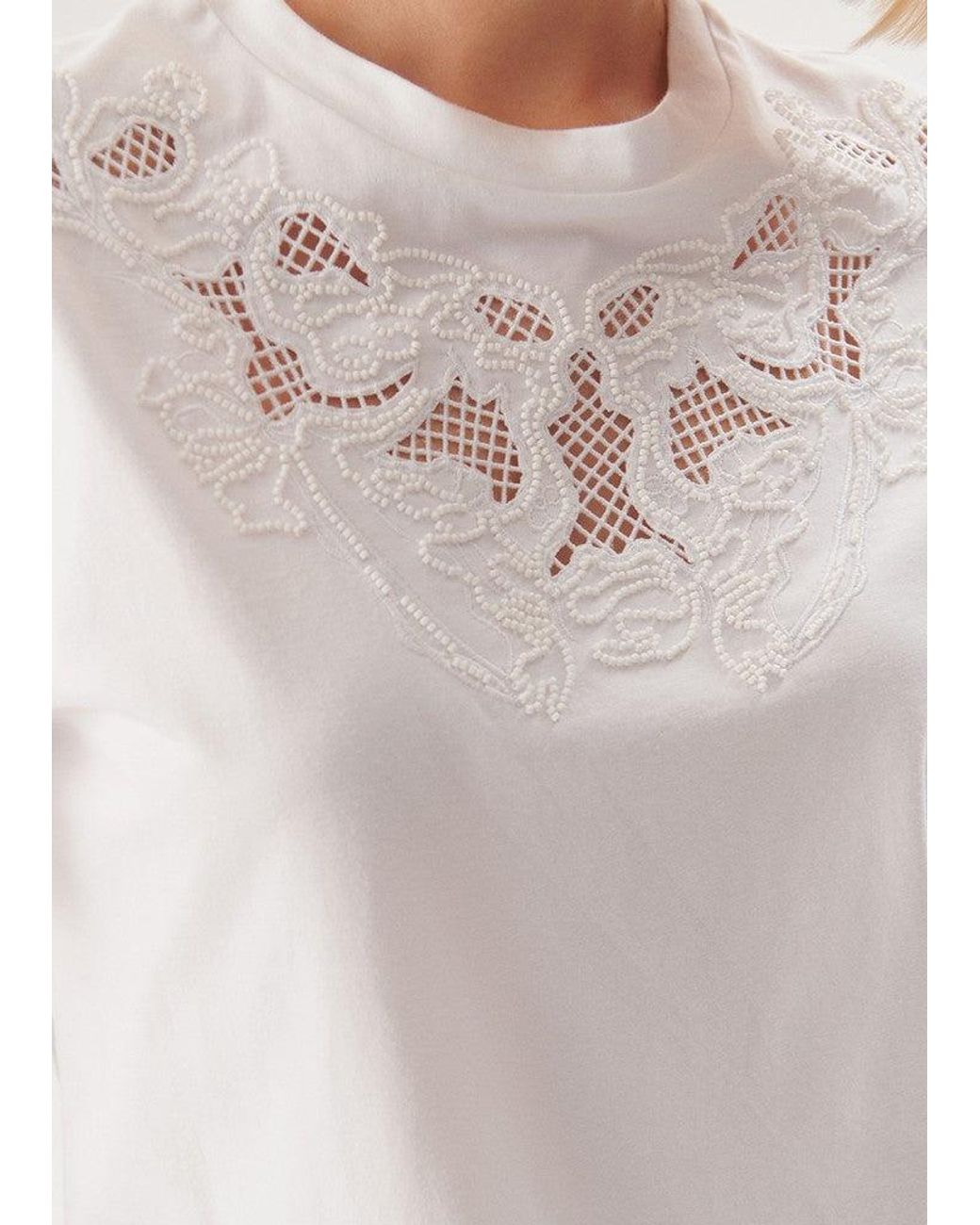 Exquise White Regular Oversized Embroidered Teagan Tee