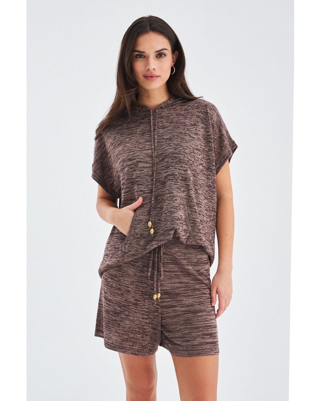 Peraluna Gray Kaira Knitted Hooded Blouse & Shorts Matching Set