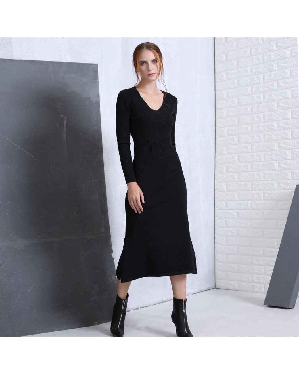 Smart and Joy Black Slim V-Neck Sweater Midi Dress