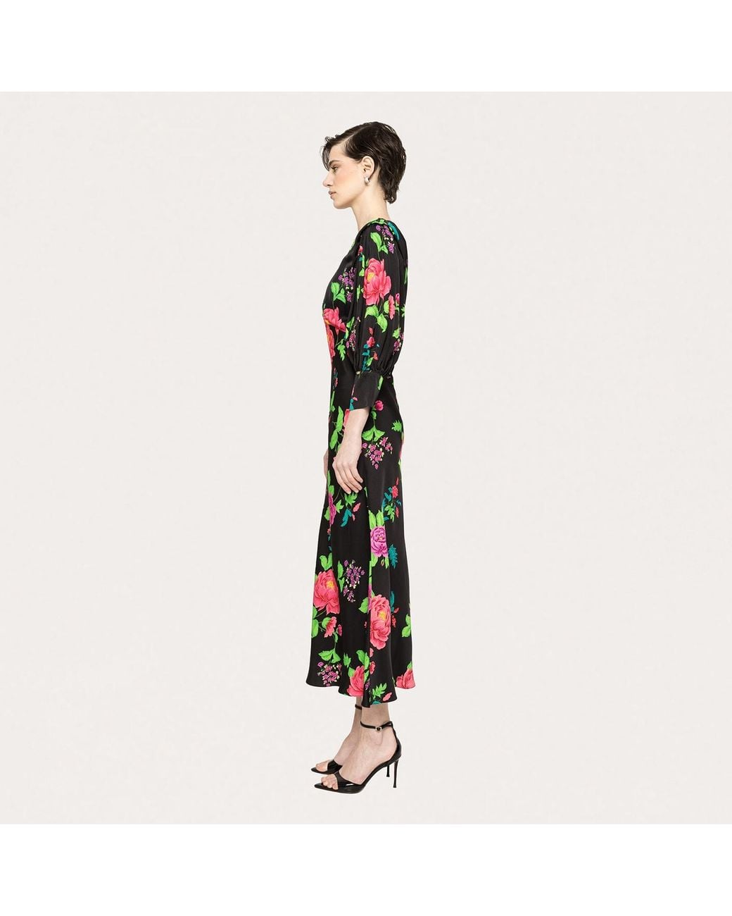 Nissa Green Puff-Sleeves Viscose Midi Dress