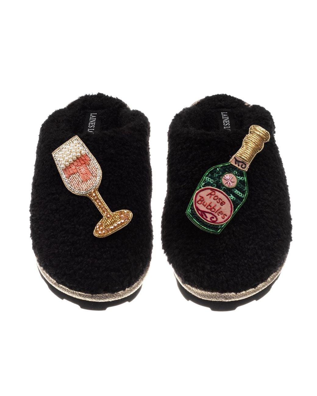 Laines London Black Teddy Closed Toe Slippers With Champagne & Glass Brooches
