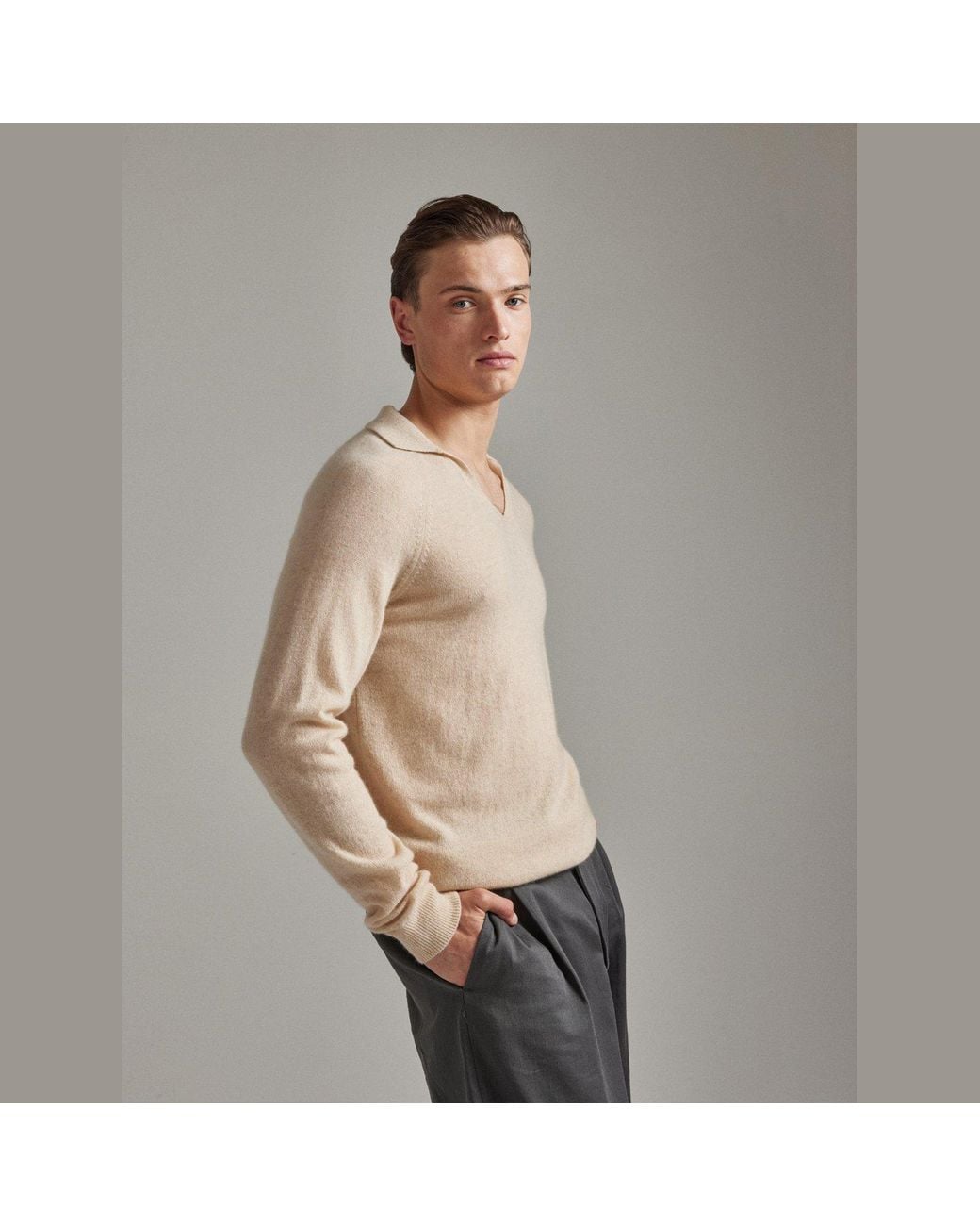Salts Cashmere Natural Neutrals Split Neck Polo Sweater