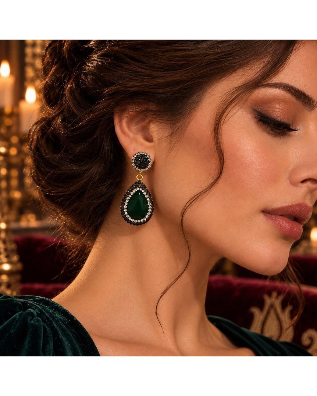 By Ozge Green Hürrem Palace Emerald-Effect Hand Embellished Ottoman-Inspired Drop Earrings