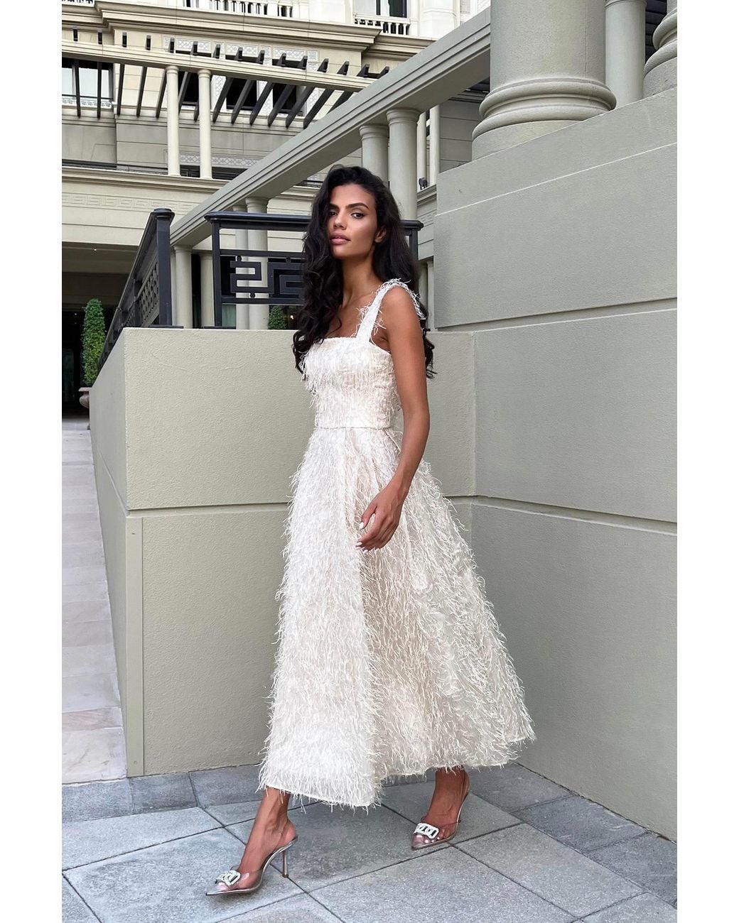 POST MERIDIEM White Pleated Corset Midi Dress