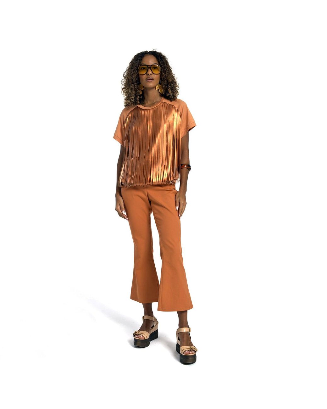 Lalipop Design Brown Neutrals Color Blouse With Laser-Cut Vegan Leather Fringes
